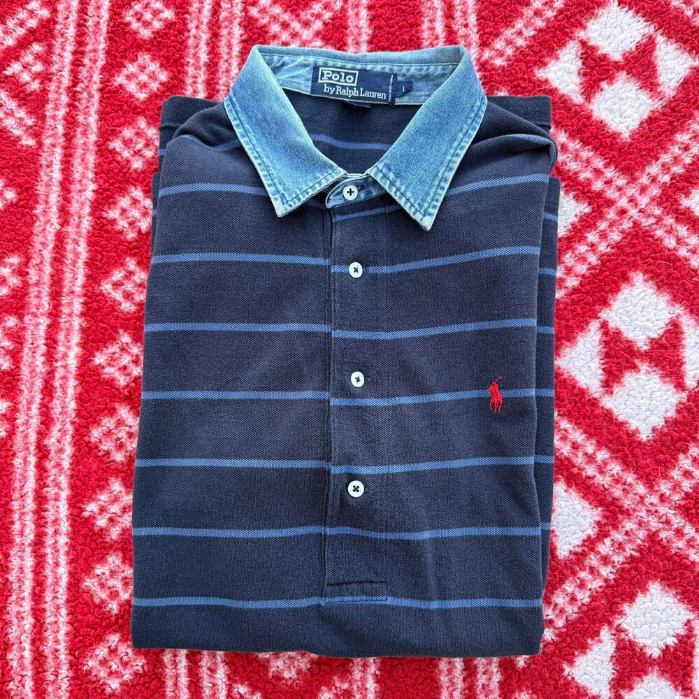Vintage Polo Ralph Lauren Denim Collar Striped Rugby Shirt 4-Button L